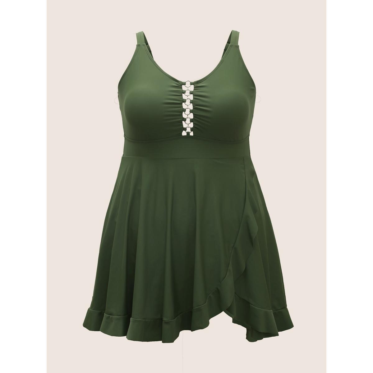 Plus Size Solid O Ring Buckle Detail Ruffle Trim Swim Dress Women's Swimwear Moss Beach Bodycon Heart neckline High stretch Curve Swim Dresses BloomChic 12/L Product Image