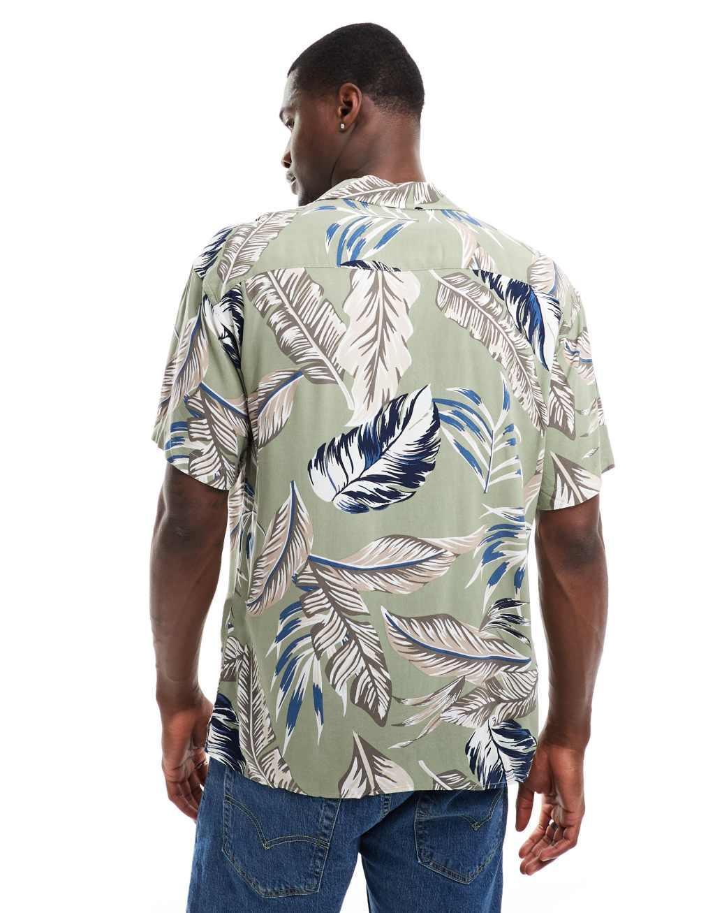 Jack & Jones camp collar feather print shirt in sage green  Product Image