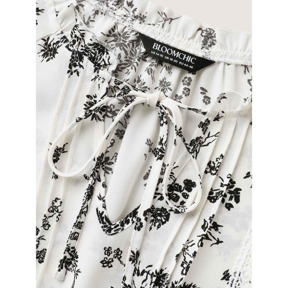 Plus Size Originalwhite Floral Print Plicated Detail Blouse Women Elbow-length sleeve Notched collar Everyday-Elegant Blouses BloomChic 26/4X Product Image