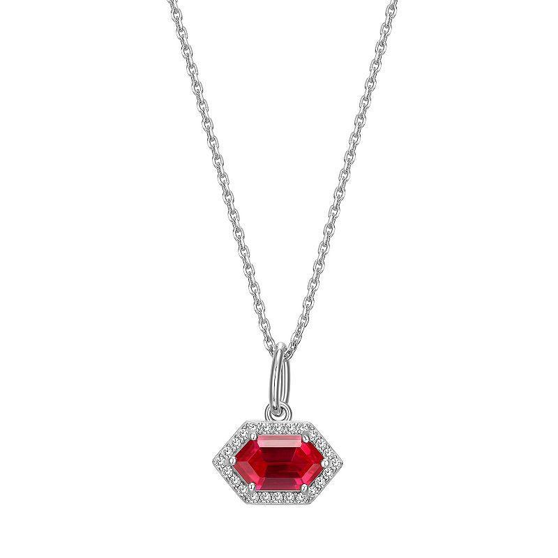 Rhodium-Plated Sterling Silver Lab-Created Ruby With Lab-Created White Sapphire Halo Pendant Necklace, Women's, Size: 16-18" ADJ Product Image