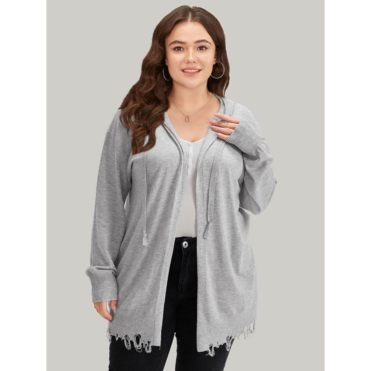 Plus Size Supersoft Essentials Solid Hooded Raw Hem Drawstring Cardigan LightGray Women Casual Loose Long Sleeve Dailywear Cardigans BloomChic 26/4X Product Image