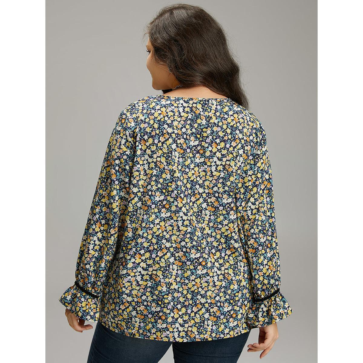 Plus Size Indigo Ditsy Floral Ties Contrast Trim Blouse Women Elegant Long Sleeve Tie Neck Dailywear Blouses BloomChic 22-24/3X Product Image