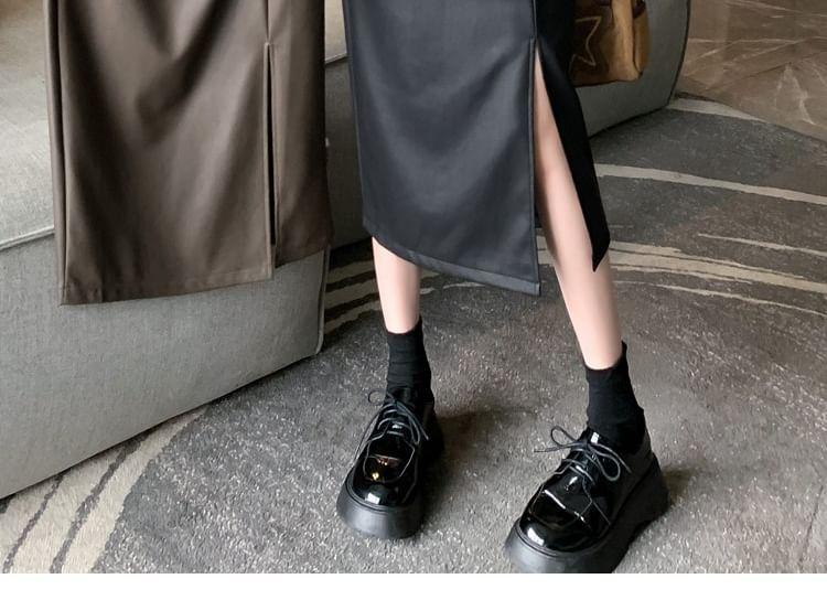 High Waist Plain Ruched Slit Faux Leather Midi Pencil Skirt Product Image