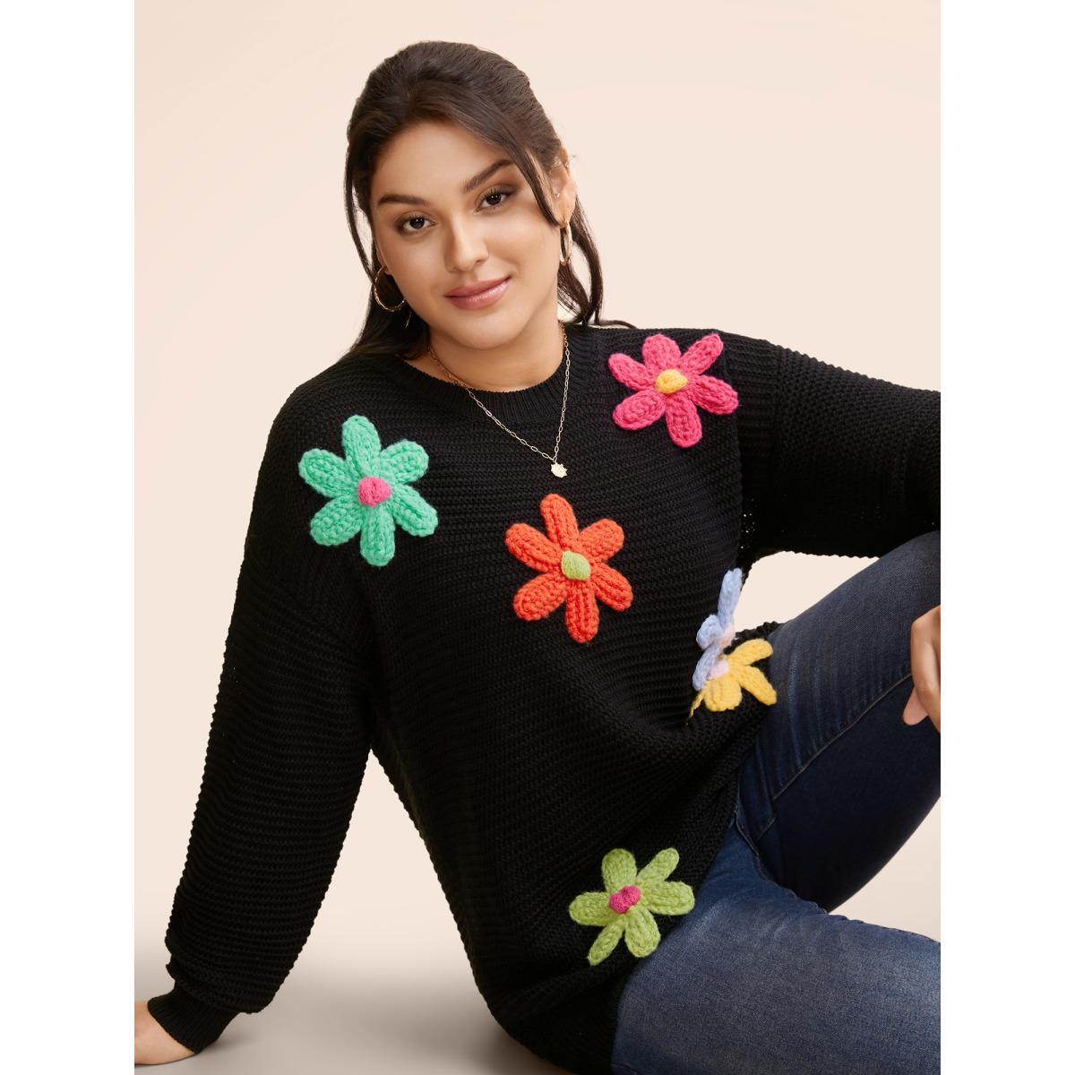 Plus Size Colored Crochet Floral Drop Shoulder Sleeve Pullover Black Women Casual Loose Three Quater Length Sleeve Round Neck Everyday Pullovers BloomChic 30/6X Product Image
