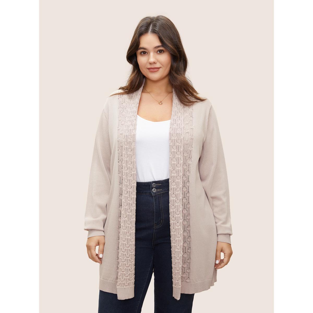 Plus Size Plain Lapel Collar Pointelle Knit Backless Cardigan Apricot Women Casual Long Sleeve Everyday Cardigans BloomChic 30/6X Product Image