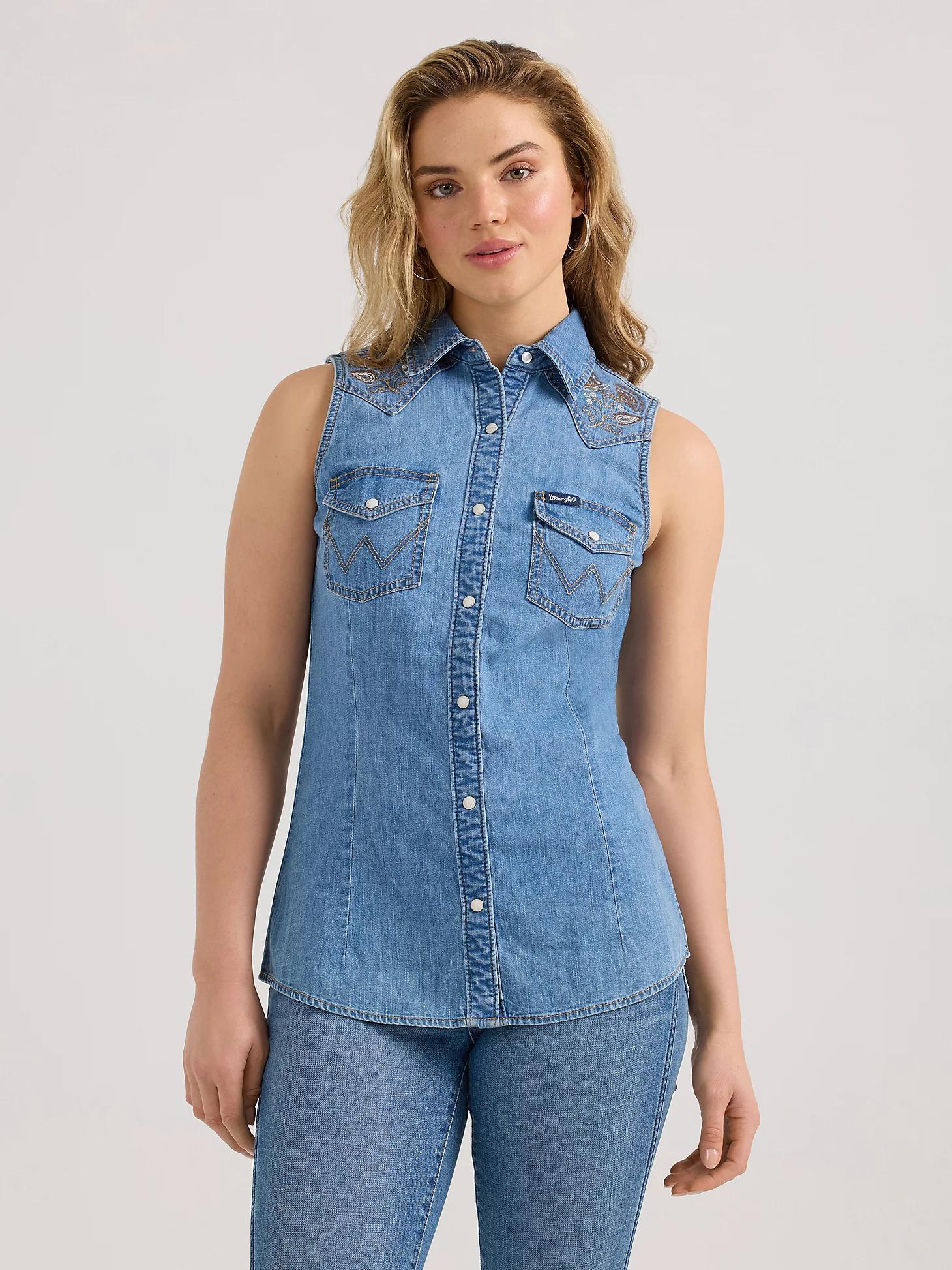 Women's Wrangler Embellished Denim Sleeveless Snap Shirt | Women's TOPS | Wrangler® Product Image