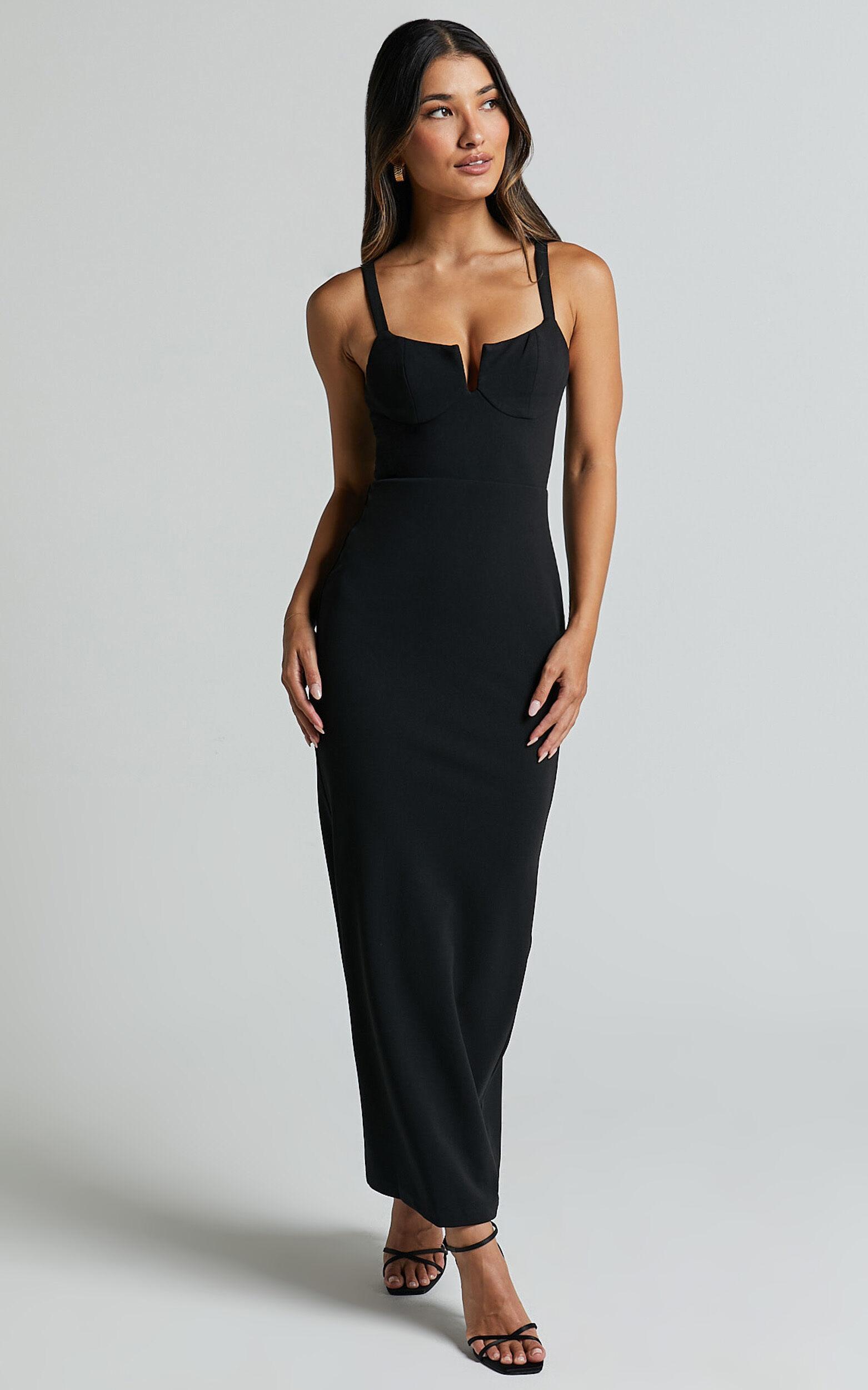 Evie Midi Dress - Strappy U Bar Sleeveless Dress in Black Product Image