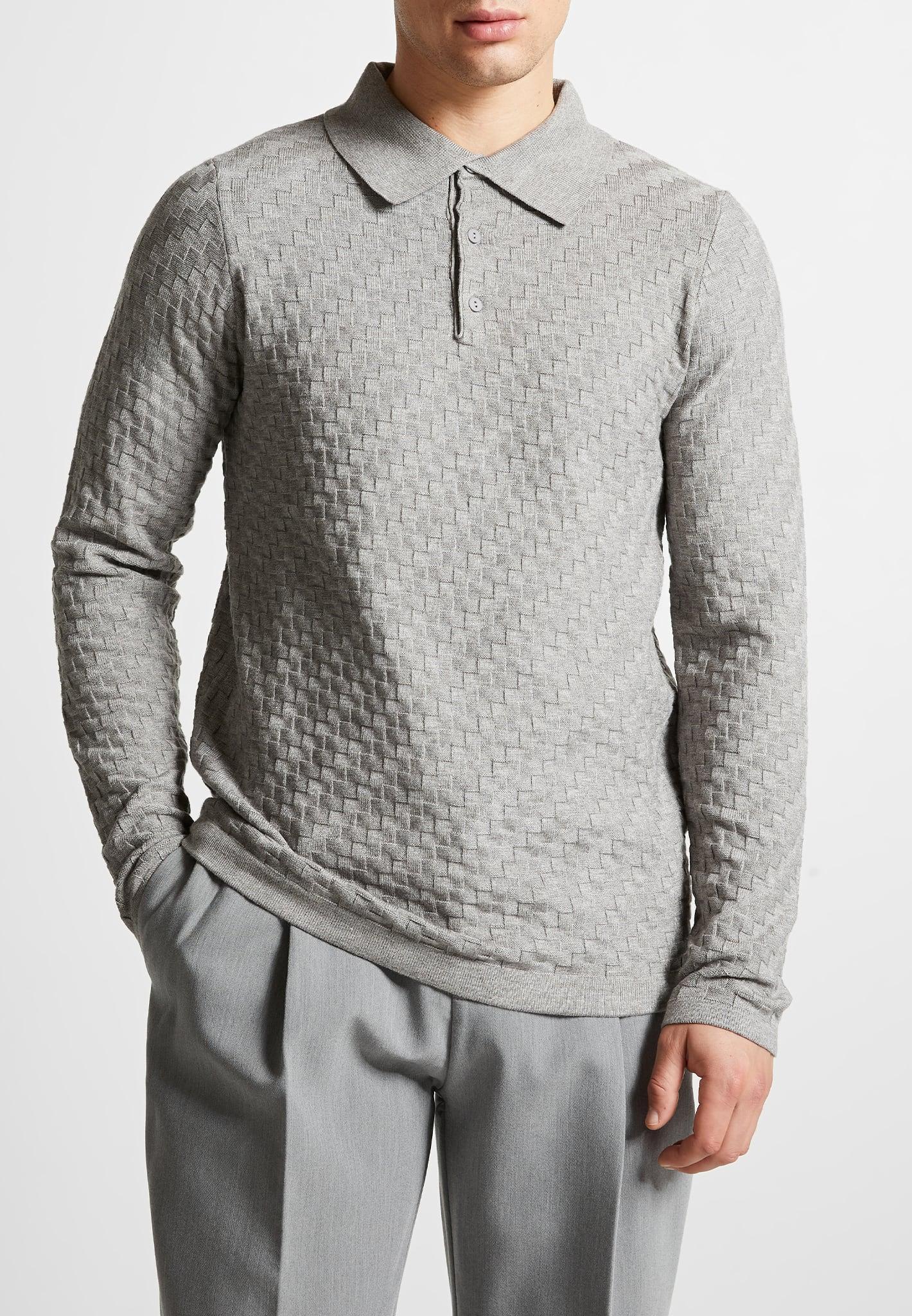 Cotton Blend Waffle Knit Long Sleeve Polo Top - Grey Male Product Image