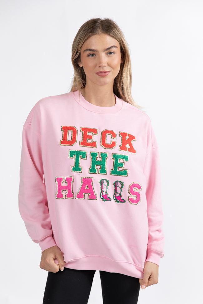 Deck The Halls Chenille Patch Light Pink Graphic Sweatshirt FINAL SALE Product Image
