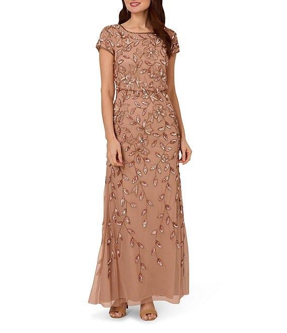 Adrianna Papell Beaded Mesh Crew Neck Short Sleeve Blouson Long Dress Product Image