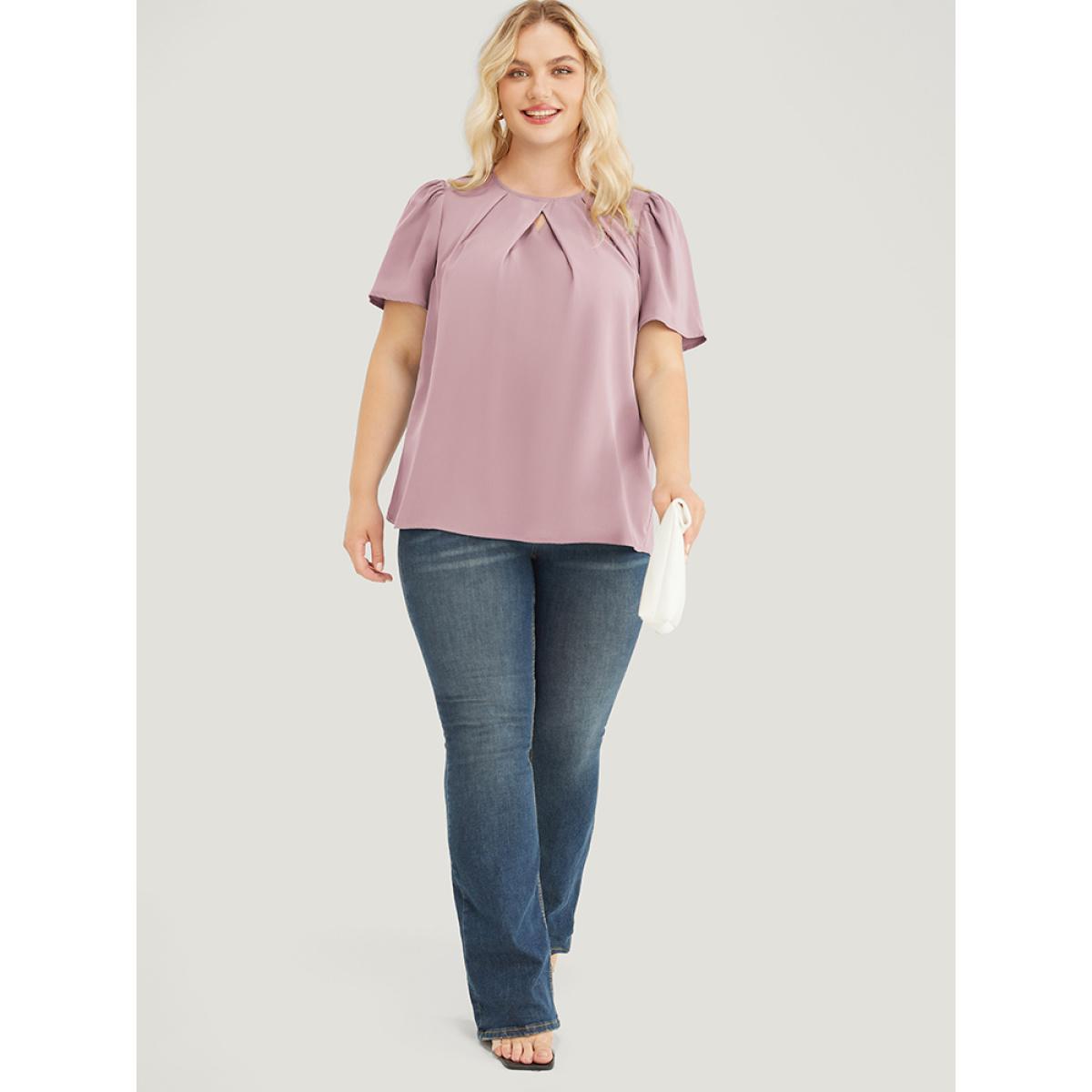 Plus Size Lilac Solid Pleated Detail Keyhole Puff Sleeve Blouse Women Office Short sleeve Round Neck Work Blouses BloomChic 12/L Product Image
