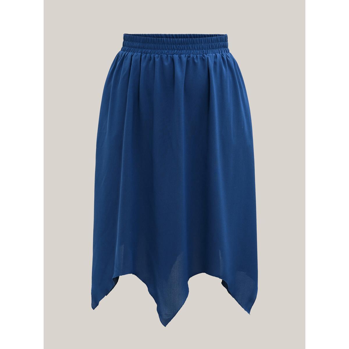 Plus Size Asymmetrical Hem Stretchy-Waist Plain Midi Skirt Women Mediumblue Elegant Asymmetrical No stretch Side seam pocket Everyday Skirts BloomChic 18-20/2X Product Image