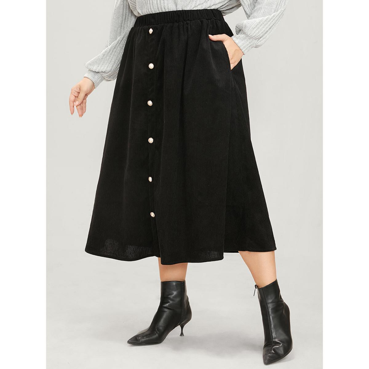 Plus Size Solid Button Detail Pocket Elastic Waist Corduroy Skirt Women Black Elegant Button No stretch Pocket Dailywear Skirts BloomChic 26/4X Product Image