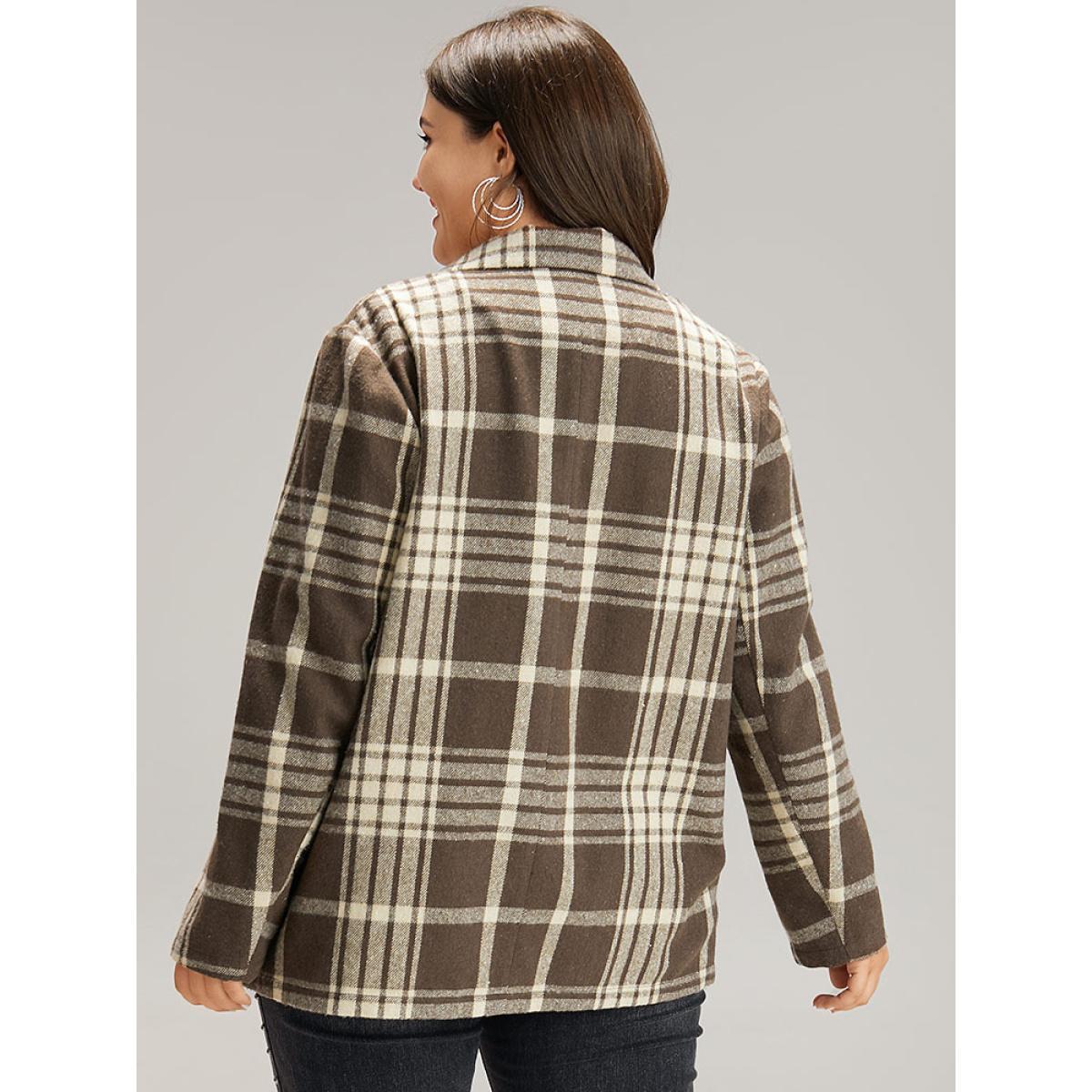 Plus Size Plaid Patched Pocket Button Through Coat Women DarkBrown Casual Contrast Ladies Dailywear Winter Coats BloomChic 26/4X Product Image