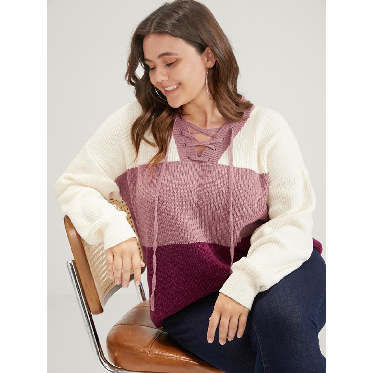 Plus Size Colorblock Contrast Chenille Knit Lace Up V Neck Knit Top Multicolor Women Casual Long Sleeve V-neck Dailywear Pullovers BloomChic 28/5X Product Image