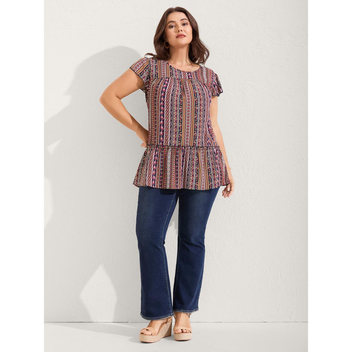 Plus Size Midnight Boho Stripes Tiered Ruffle Blouse Women Cap Sleeve Round Neck Vacation Blouses BloomChic 18-20/2X Product Image