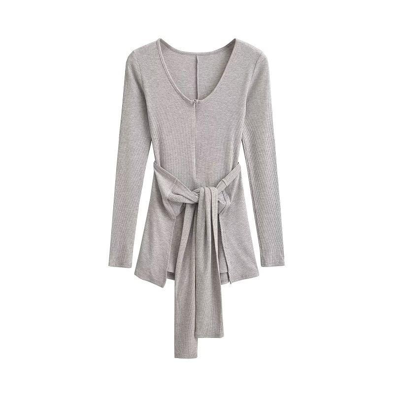 Set: Long Sleeve V-Neck Plain Zip Romper + Tie-Up Mini Skirt Product Image