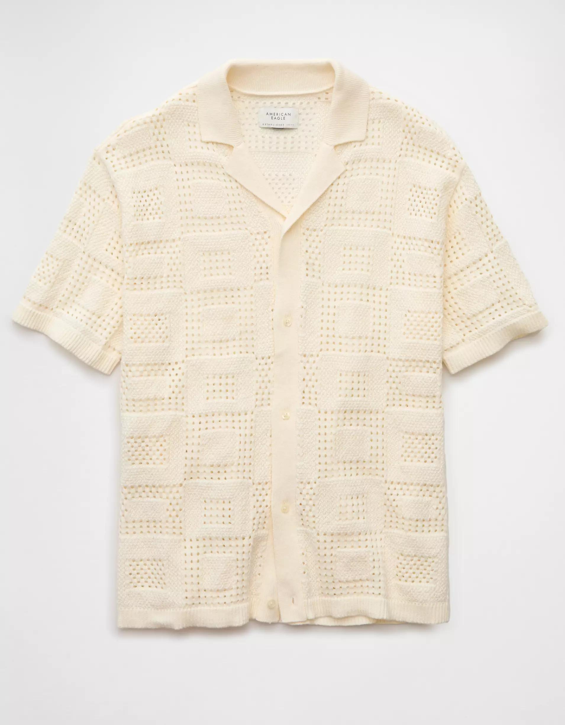AE Weekend Textured Checkerboard Button-Up Sweater Polo Shirt Product Image