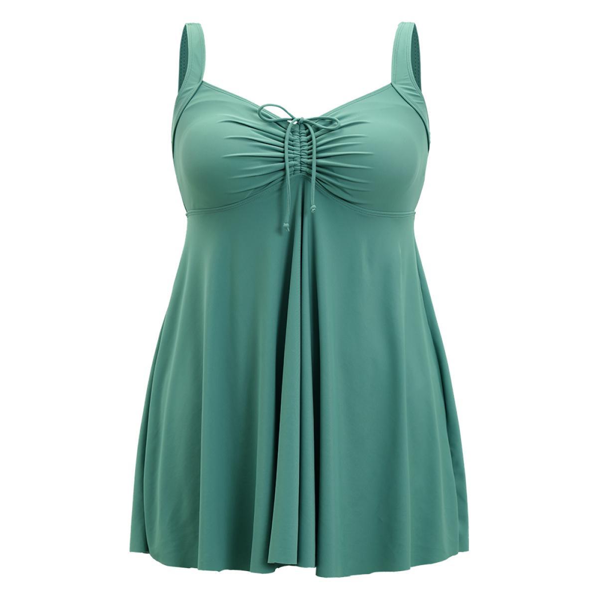 Plus Size Ruched Drawstring Flutter Hem Swim Dress Women's Swimwear Emerald Vacation Bodycon High stretch Curve Swim Dresses BloomChic 10/M Product Image