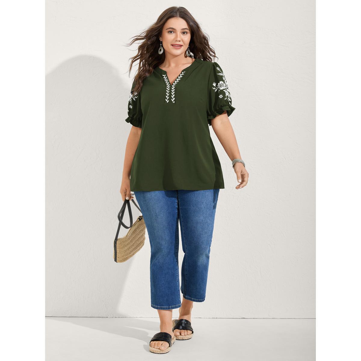 Plus Size ArmyGreen Notched Collar Embroidered Ruffled Blouse Women Half Sleeve Flat collar with V-notch Everyday-Elegant Blouses BloomChic 12/L Product Image