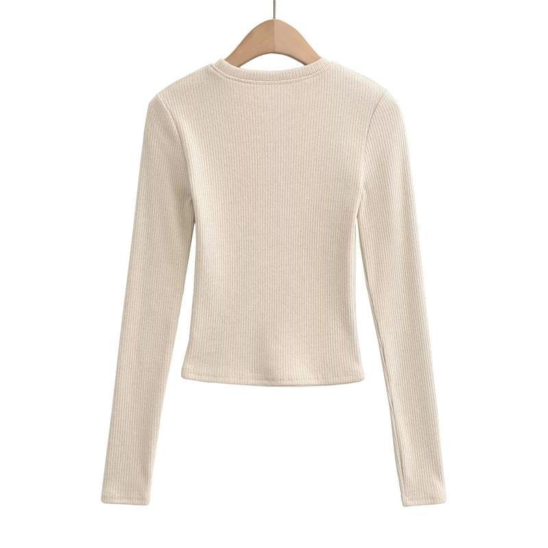 Long Sleeve Crew Neck Plain Ribbed Tee Product Image