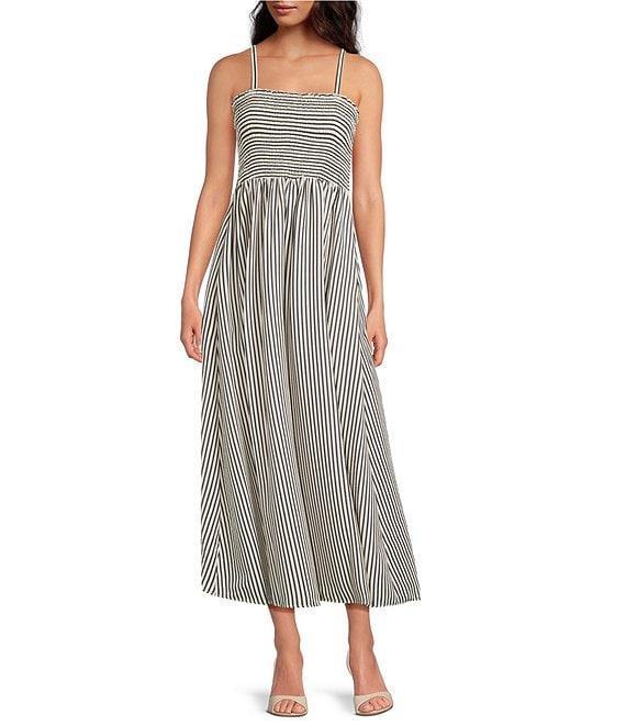 CeCe Woven Stripe Print Square Neck Sleeveless Smocked Midi A-Line Dress Product Image