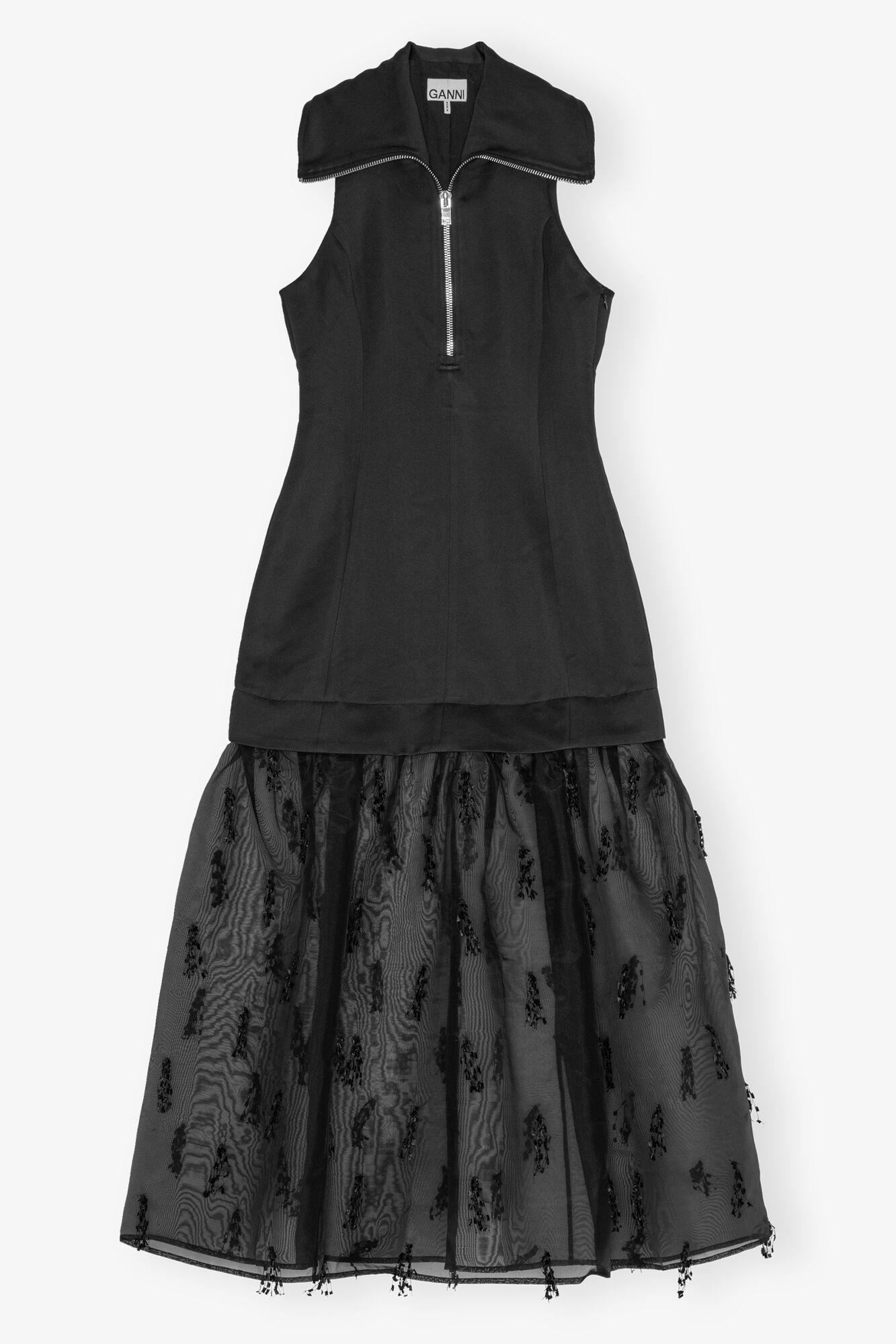 Black Fringed Organza Long Dress Product Image
