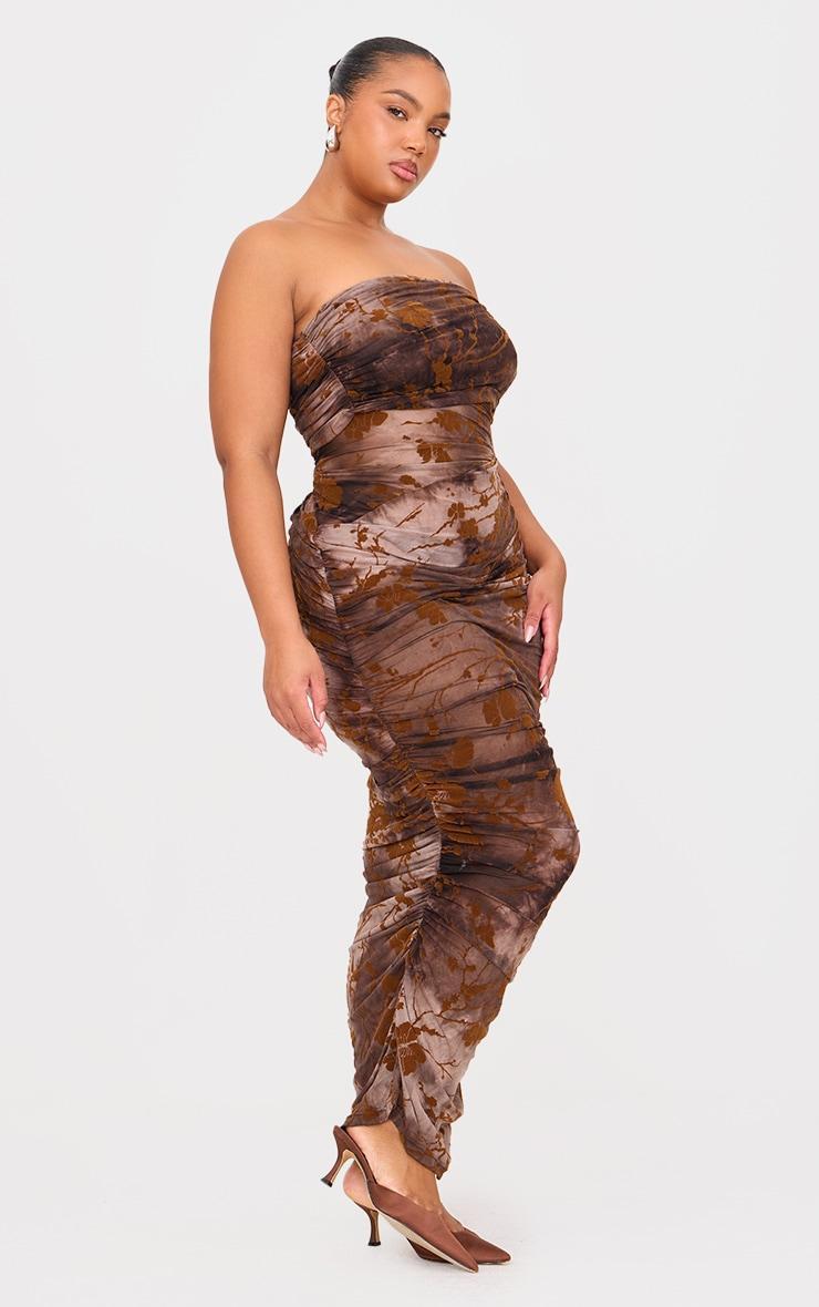 Plus Brown Drape Ruched Devore Maxi Dress Product Image