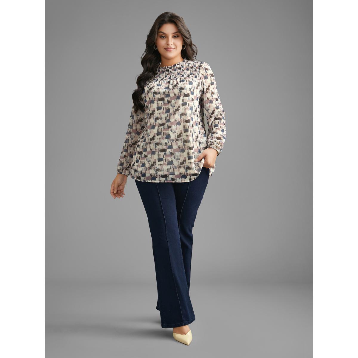 Plus Size Lilac Brush Print Shirred Ruffles Gathered Blouse Women Elegant Long Sleeve Mock Neck Everyday Blouses BloomChic 22-24/3X Product Image