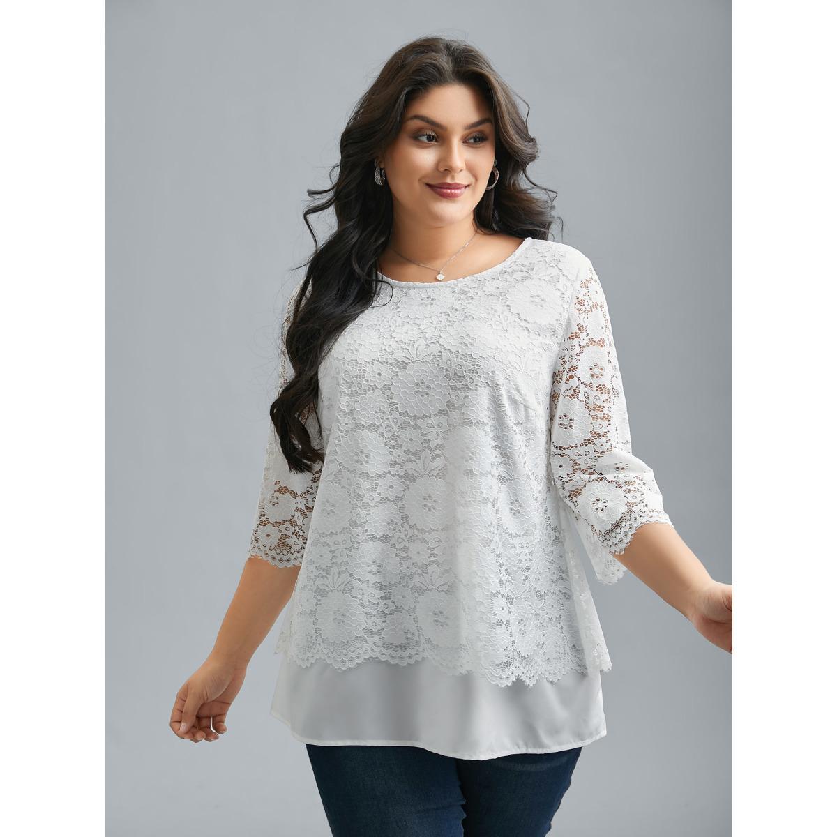 Plus Size Opticwhite Layered Crochet Lace Semi-Sheer Blouse Women Elegant Elbow-length sleeve Round Neck Everyday Blouses BloomChic 18-20/2X Product Image