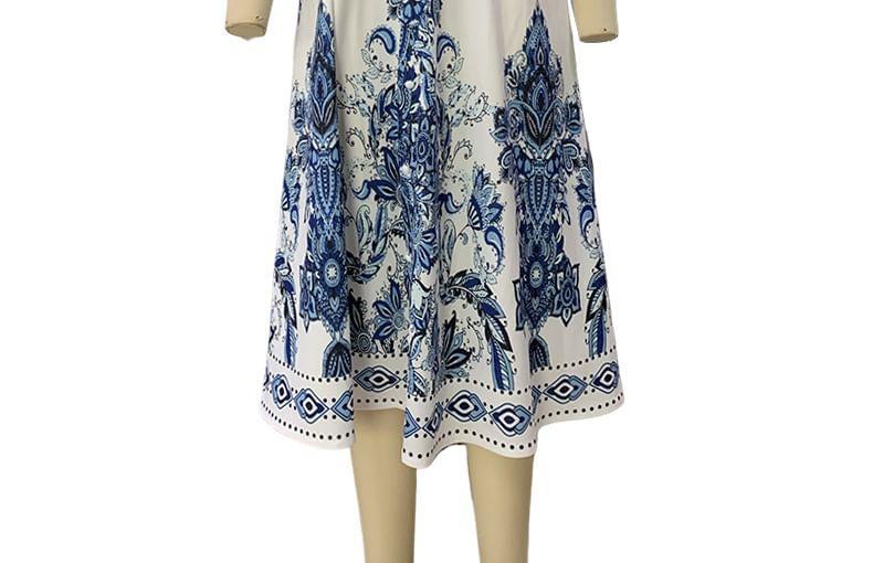 Puff-Sleeve V-Neck Print A-Line Tunic Dress Product Image