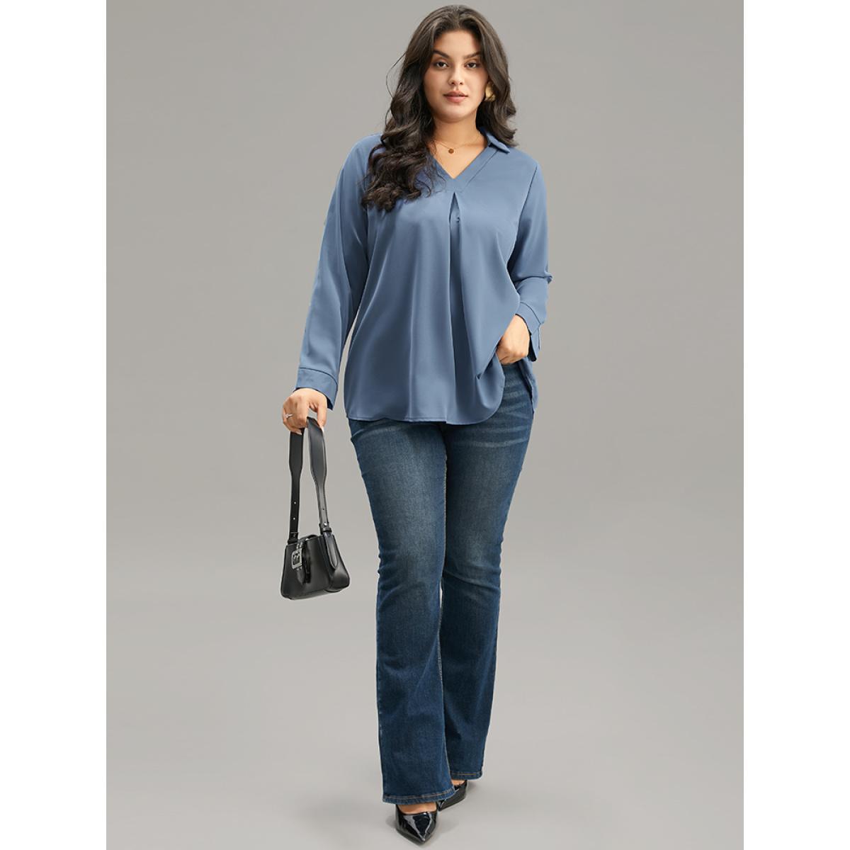 Plus Size Stone Anti-Wrinkle Plain V Neck Plicated Detail Blouse Women Office Long Sleeve V-neck Work Blouses BloomChic 10/M Product Image