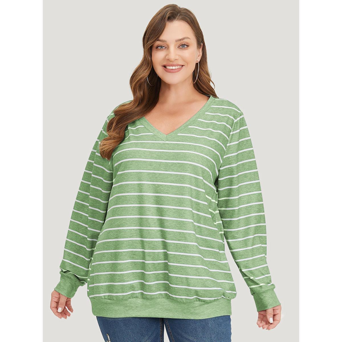 Plus Size Striped Print V Neck Sweatshirt Women Green Casual V-neck Dailywear Sweatshirts BloomChic 18-20/2X Product Image