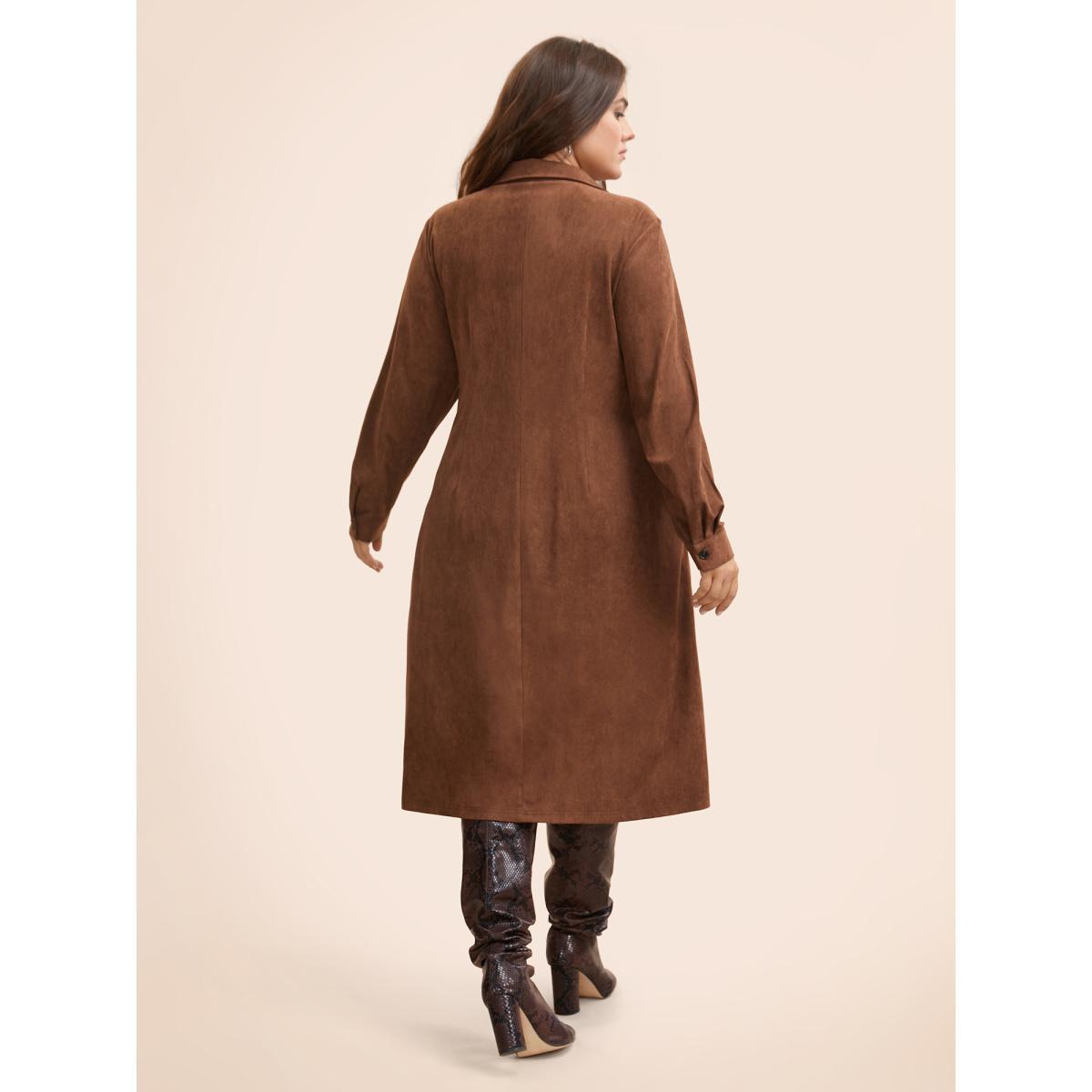 Plus Size Faux Suede Shirt Collar Midi Dress Browncoffeecolor Women Elegant Texture Shirt collar Long Sleeve Curvy BloomChic 12/L Product Image