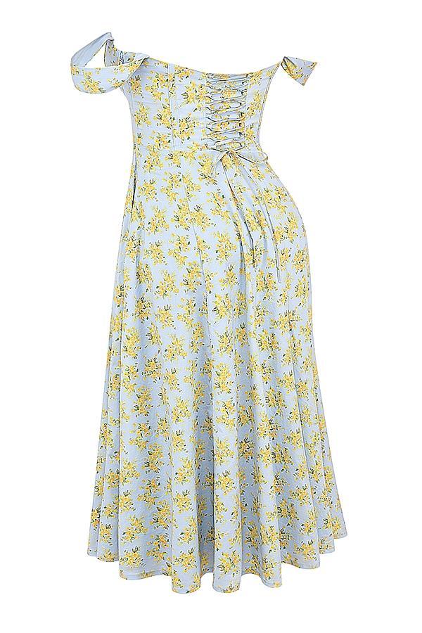Saira Soft Blue Vintage Floral Print Cotton Midi Sundress Product Image