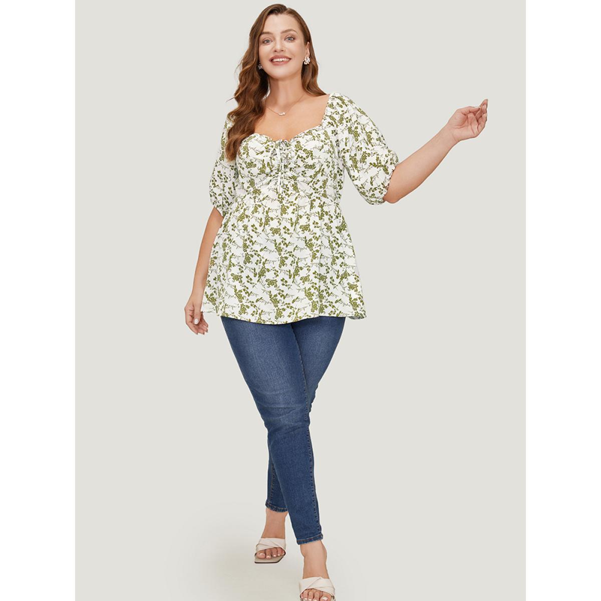 Plus Size Ivory Ditsy Floral Puff Sleeve Ruched Drawstring Blouse Women Elegant Half Sleeve Round Neck Dailywear Blouses BloomChic 18-20/2X Product Image