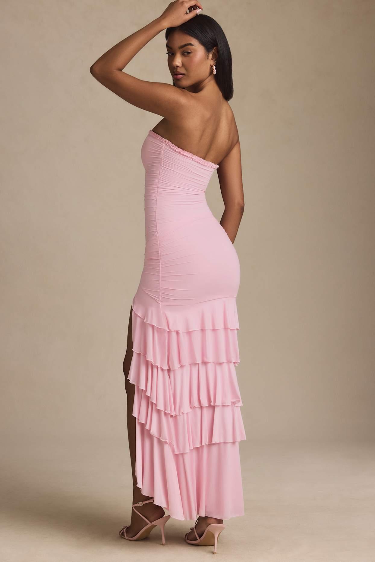 Bandeau Ruched Ruffle-Trim Maxi Dress in Blush Product Image