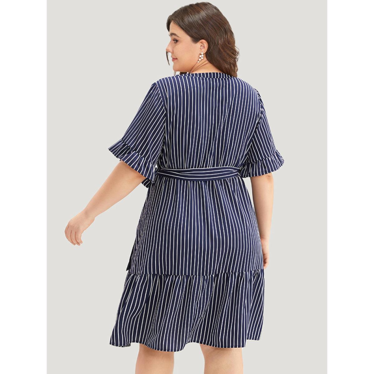 Plus Size Striped Belted Button Detail Flutter Sleeve Dress DarkBlue Women Casual Belted V-neck Short sleeve Curvy Midi Dress BloomChic 18-20/2X Product Image