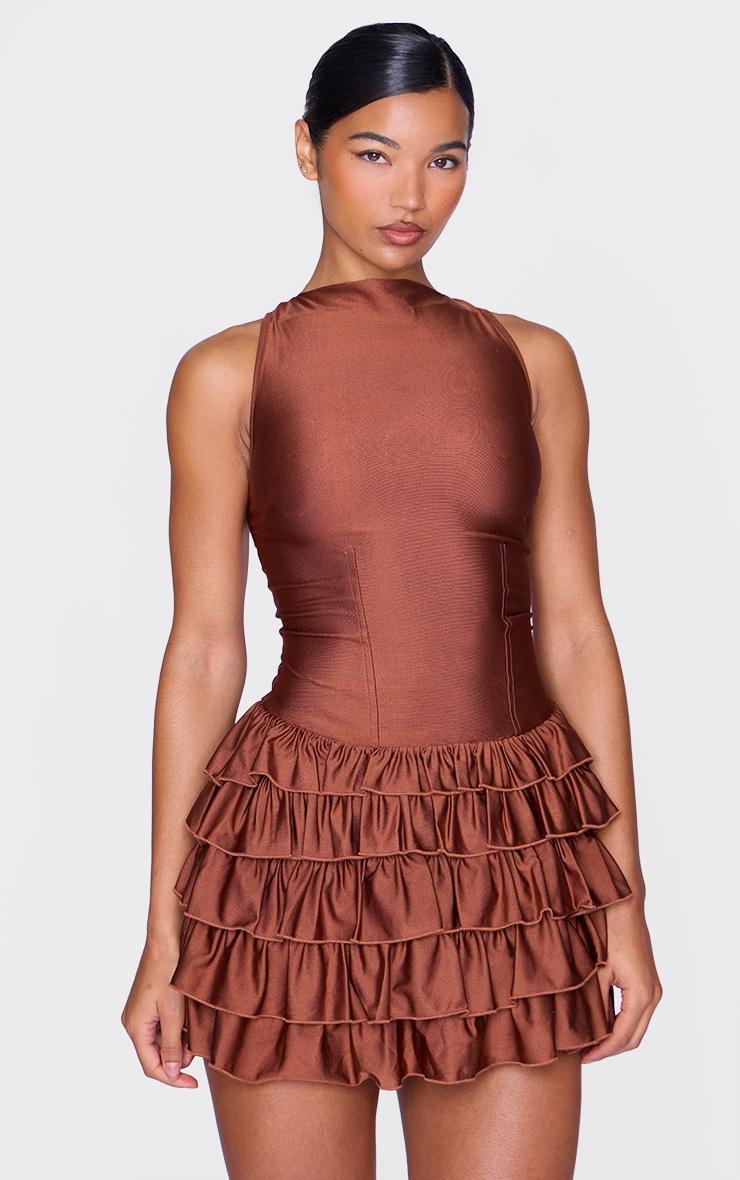 Chocolate Slinky Frill Hem Micro Mini Dress Product Image