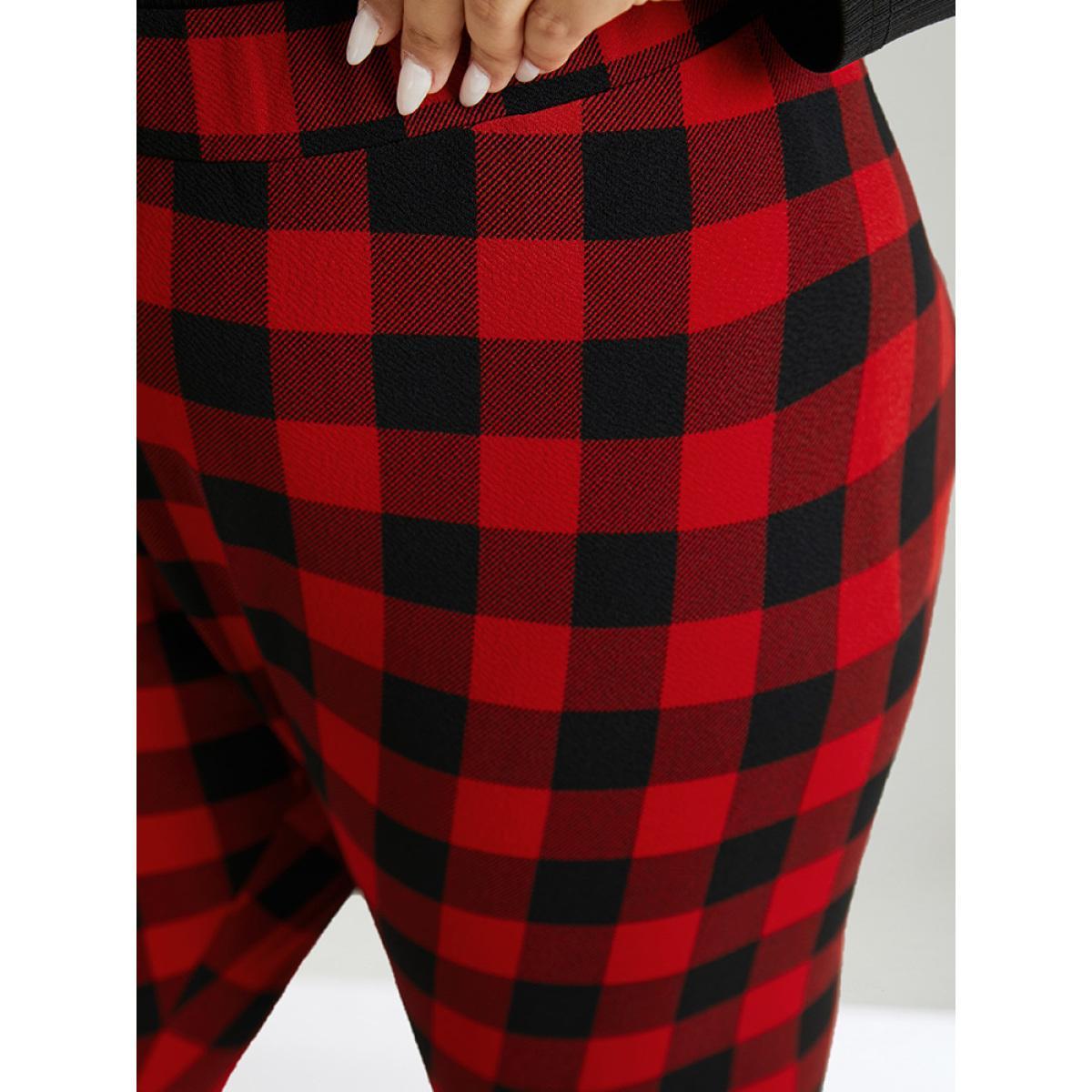 Plus Size Plaid Elastic Waist High Rise Skinny Leggings Women Raspberry Elegant High stretch Skinny High Rise Festival-Christmas Leggings BloomChic 10/M Product Image