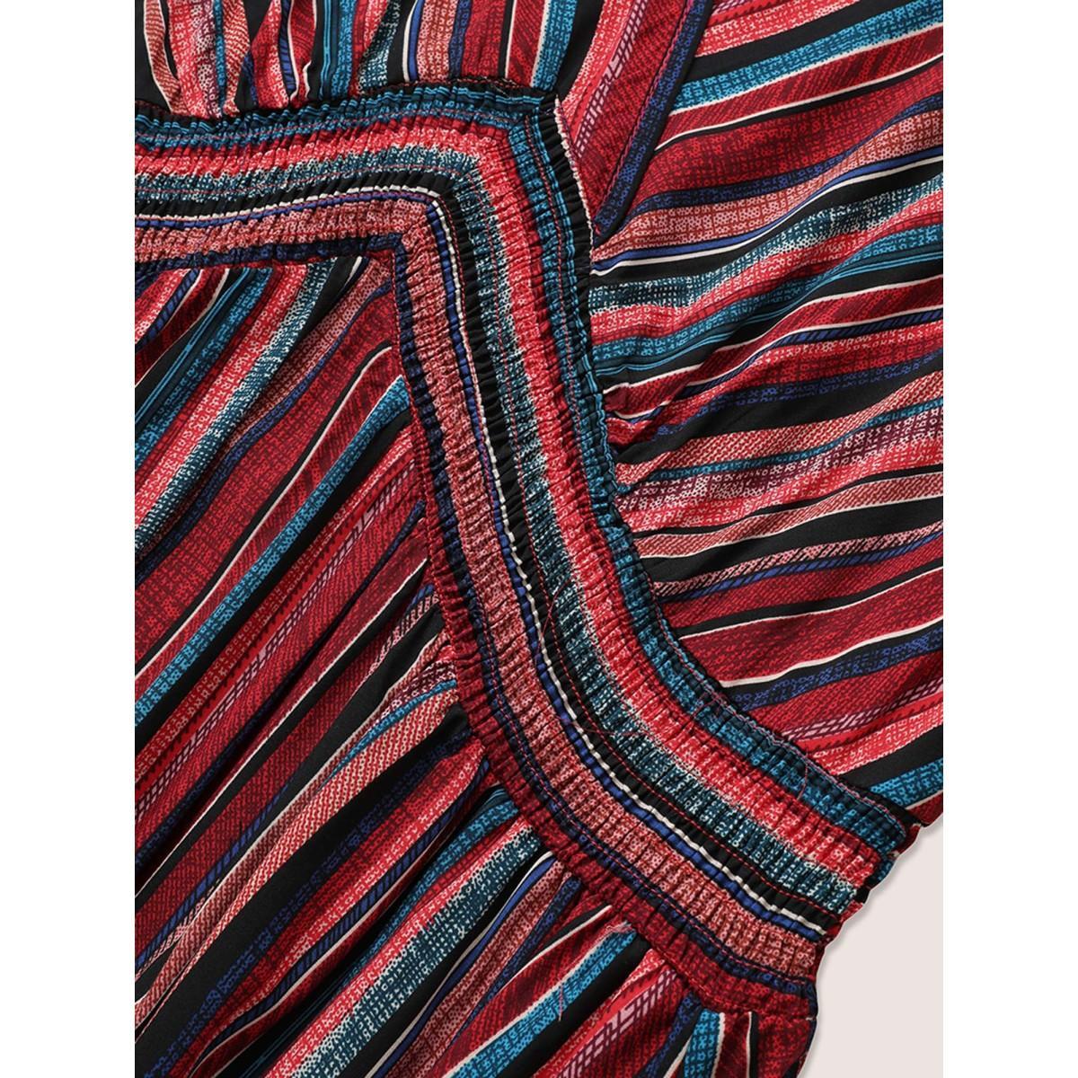 Plus Size Striped Contrast Dolman Sleeve Shirred Pocket Split Flutter Dress Red Women Resort Non V-neck Half Sleeve Curvy BloomChic 30/6X Product Image