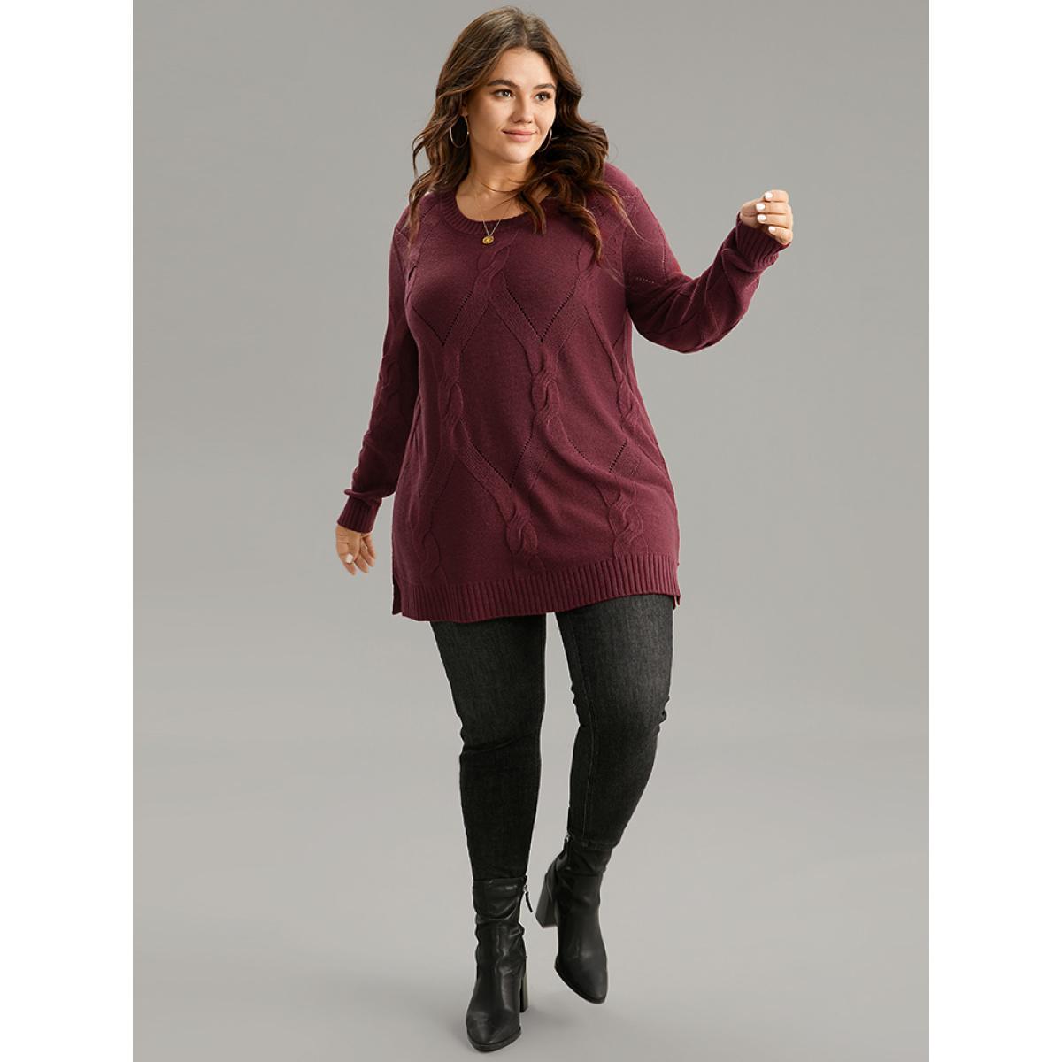 Plus Size Eyelet Cable Knit Elastic Hem Pullover Burgundy Women Casual Loose Long Sleeve Round Neck Dailywear Pullovers BloomChic 26/4X Product Image