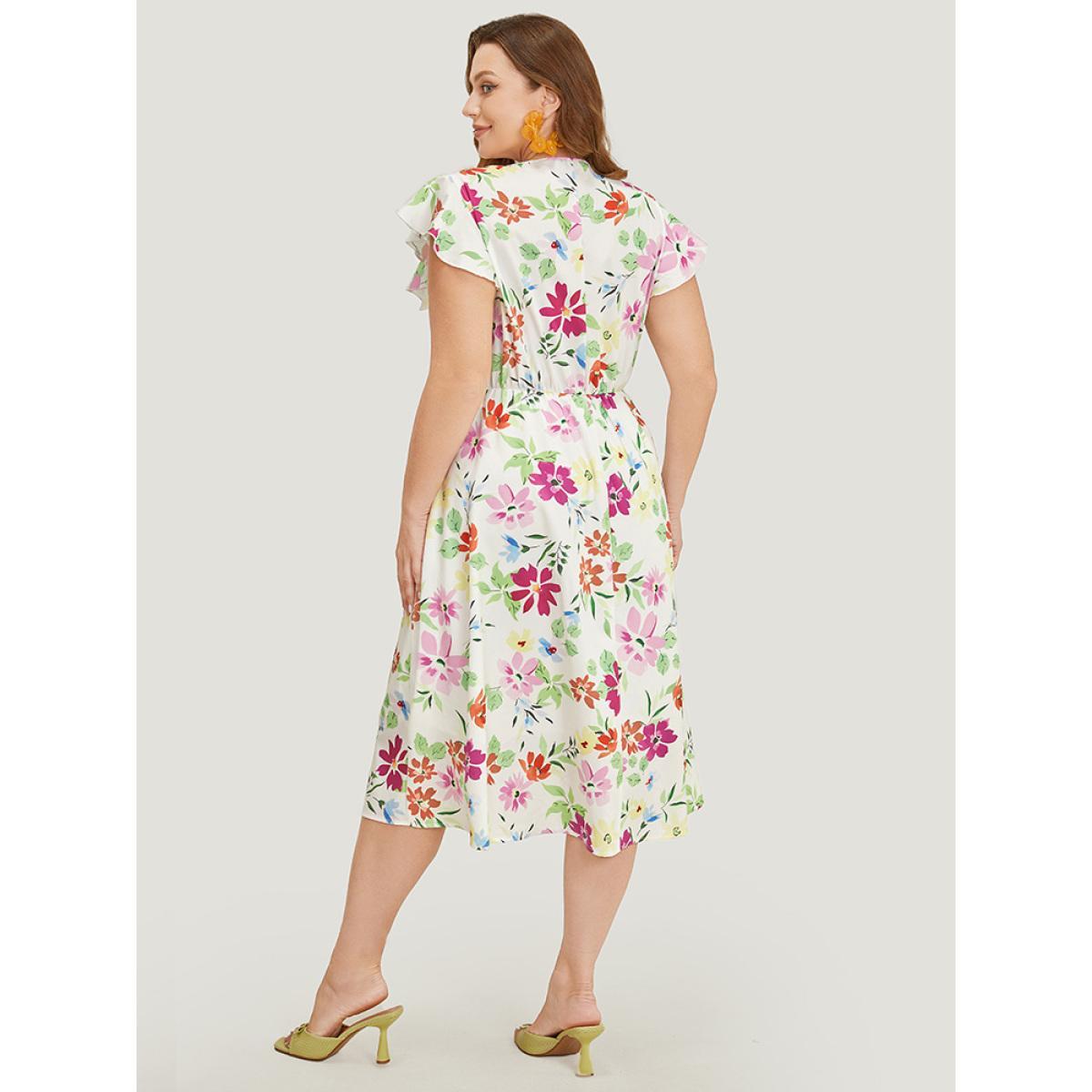 Plus Size Floral Knot Neck Pocket Cap Sleeve Ruffle Trim Dress Multicolor Women Elegant Knotted V-neck Cap Sleeve Curvy Midi Dress BloomChic 14-16/1X Product Image