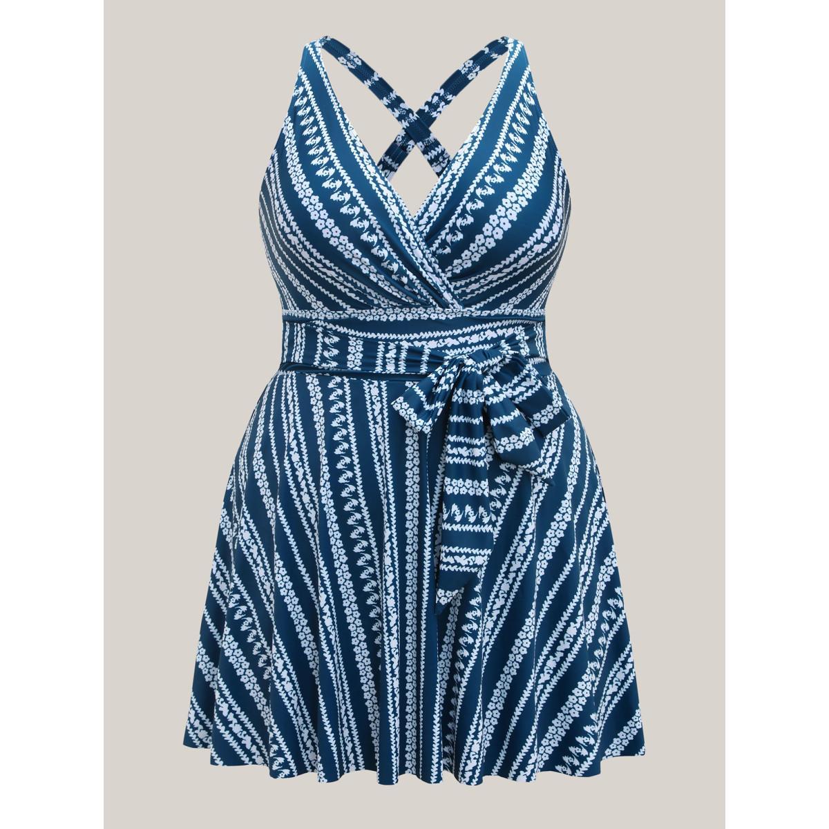 Plus Size Anti-Float Ties Boho Belted Swim Dress Women's Swimwear Aegean Beach Bodycon Overlap Collar High stretch Curve Swim Dresses BloomChic 12/L Product Image