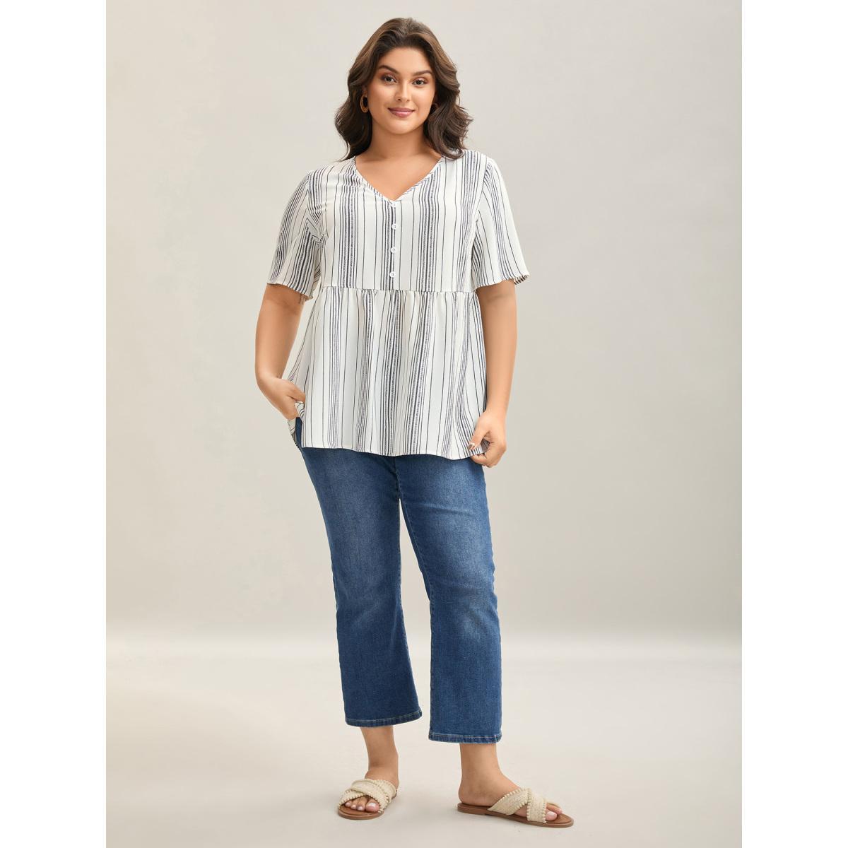 Plus Size Ivory Striped Button Detail Flowy Shirt Women Resort Half Sleeve V-neck Vacation Blouses BloomChic 22-24/3X Product Image