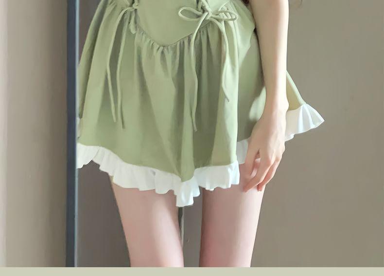 Cap-Sleeve Two Tone Bow Lace-Up Swim Dress Product Image