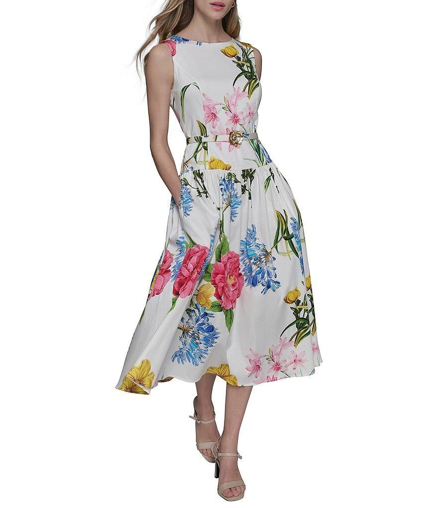 KARL LAGERFELD PARIS Poplin Floral Print Crew Neck Sleeveless Belted Drop Waist Midi Dress Product Image