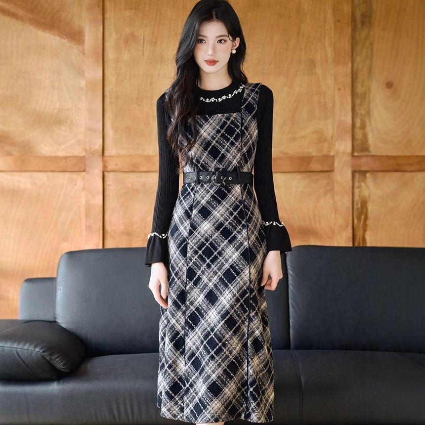 Long-Sleeve Crew Neck Faux Pearl Knit Top / Square Neck Plaid Midi A-Line Overall Dress Product Image