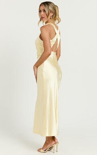 Aluna Midi Dress - High Neck Cross Back Satin Slip Dress in Lemon Product Image