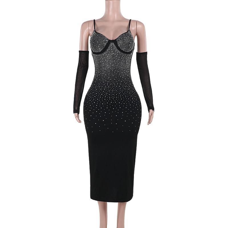 Set: Spaghetti Strap V-Neck Rhinestone Open Back Maxi Bodycon Dress + Arm Sleeves Product Image